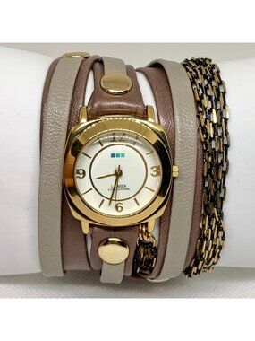 La Mer Collections Double Wrap leather band Gold Tone 30mm Watch quartz running